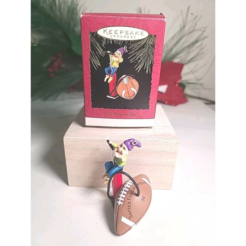 Vintage Hallmark All Pumped Up 1994 Christmas  Ornament Elf Airing Up Football